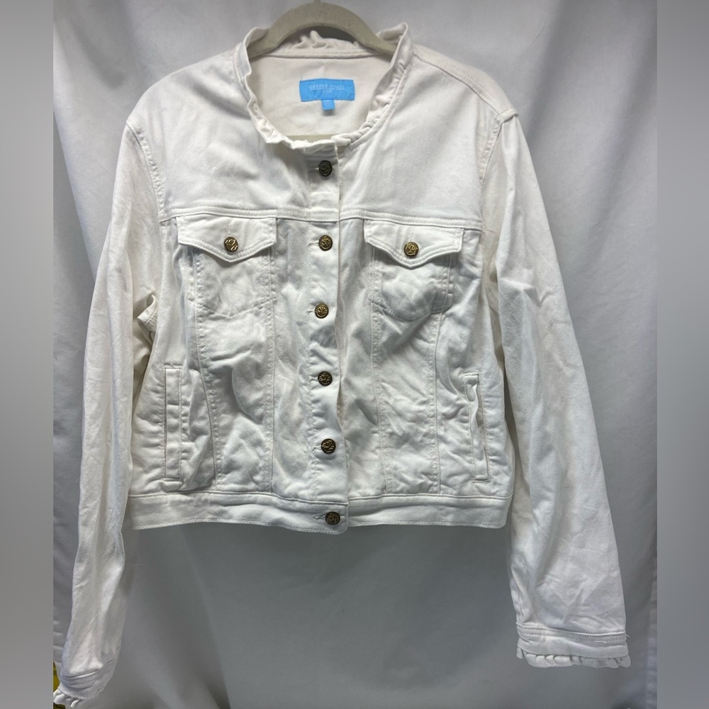 Draper James White Denim Jacket, XXL, with pockets and ruffled collar and sleeve